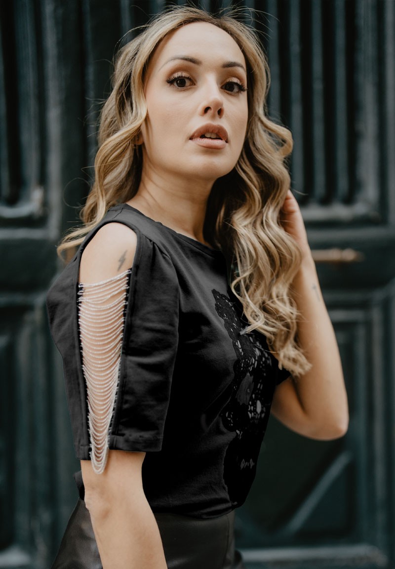 Camiseta negra Calavera Encaje