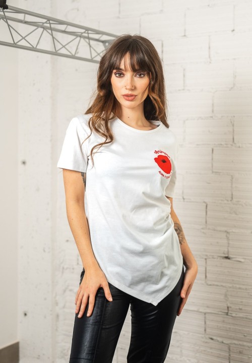 Camiseta blanca asimétrica con amapola bordada | Animosa