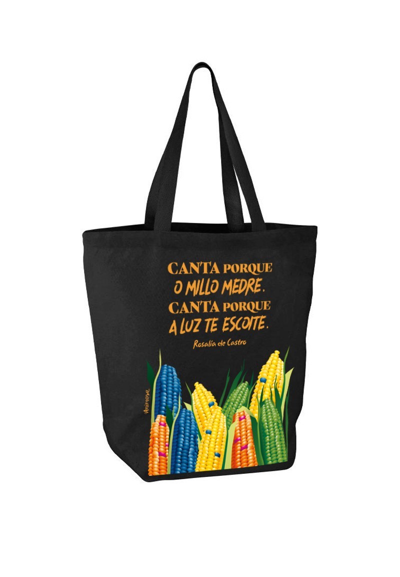 Bolsa Rosalía «Canta porque o millo medre» negra | Animosa